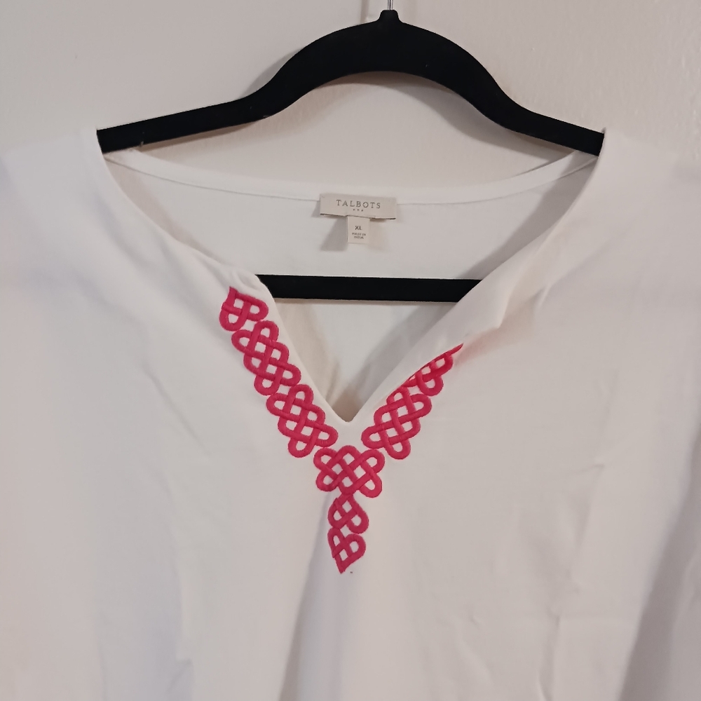 Talbots shirt Tunic V Neck 1X Plus Size White Linen Cotton